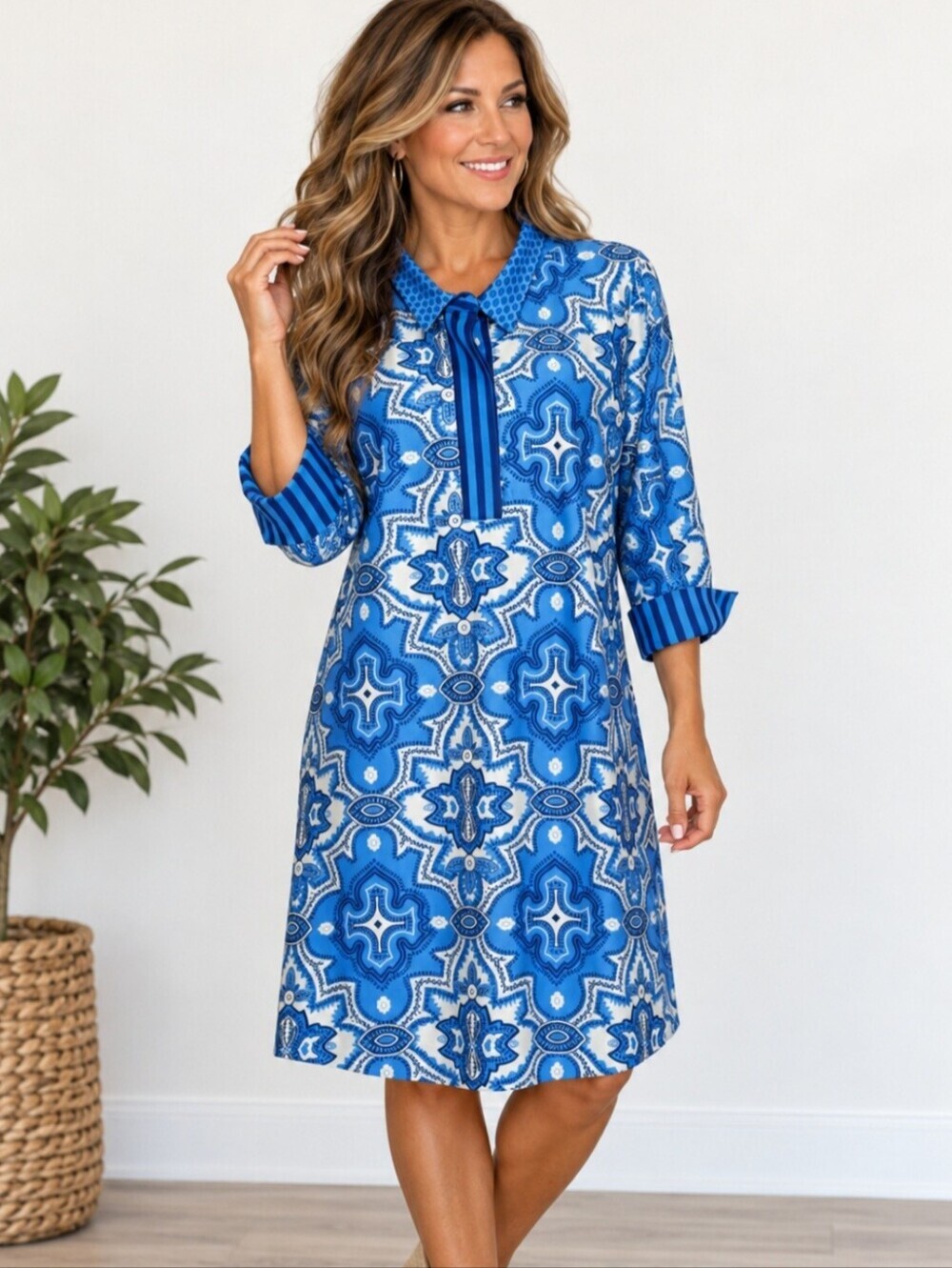 Gretchen Scott Laugh More Everywhere Dress Large Blue White Boho Tile Resort
